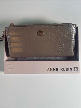 Anne Klein Taupe Croc-Embossed Zip Wristlet with Gold Logo